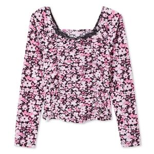 Justice Girls' Printed Lace Top Pink "M" Size -New With Tags